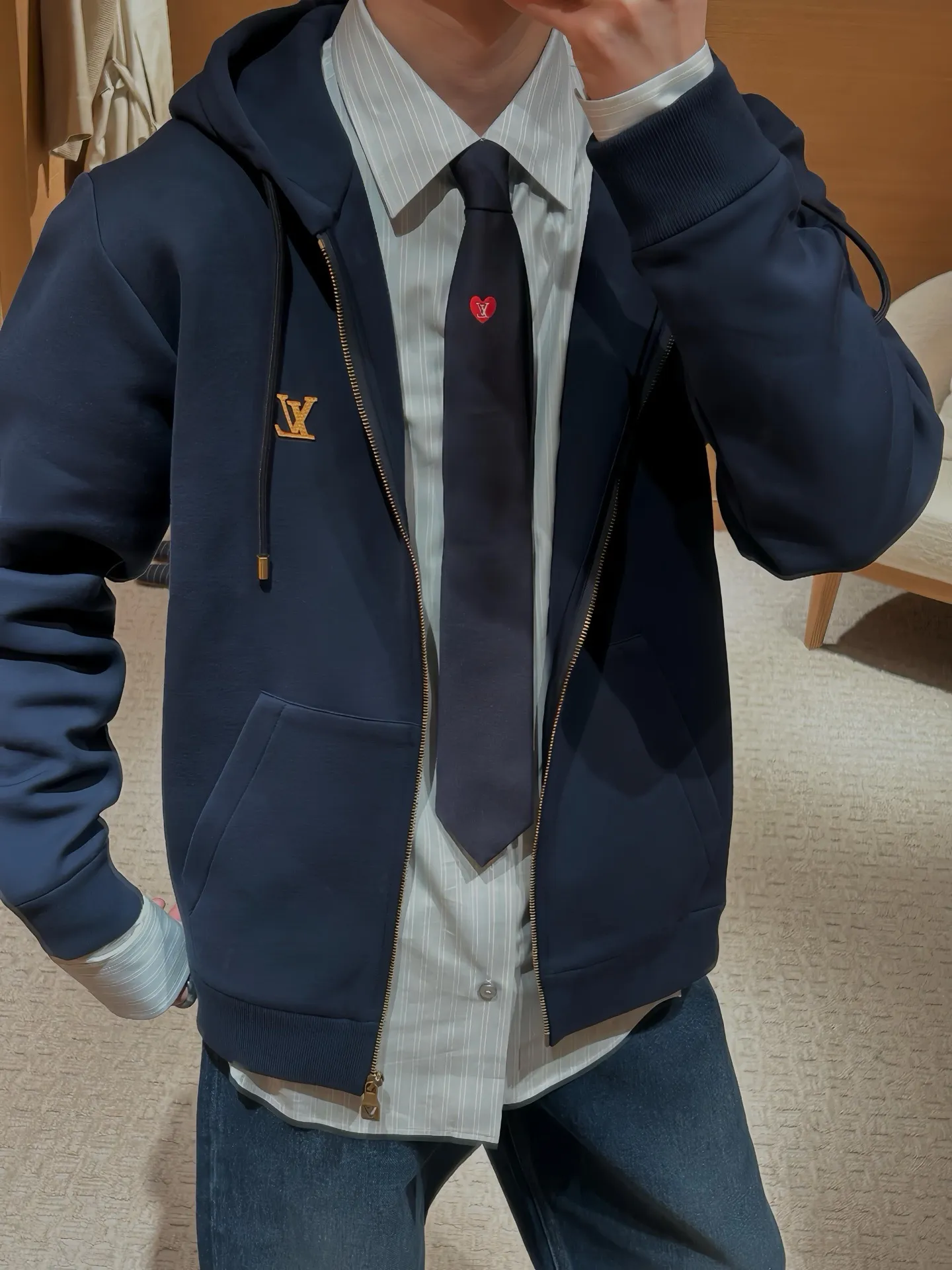 Louis Vuitton/Louis Vuitton leather logo zipper hooded sweatshirt